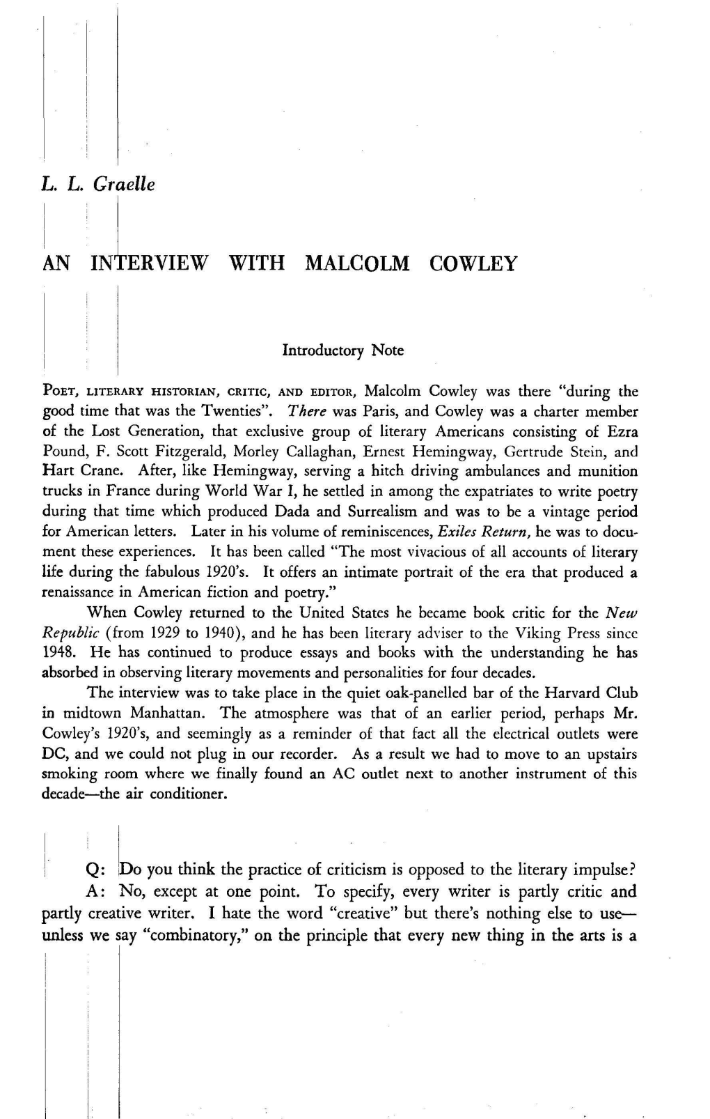 An in Erview with Malcolm Cowley