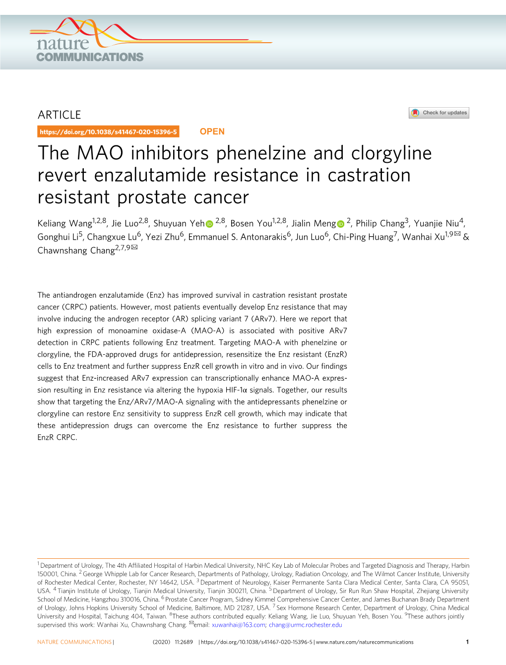 The MAO Inhibitors Phenelzine and Clorgyline Revert Enzalutamide Resistance in Castration Resistant Prostate Cancer