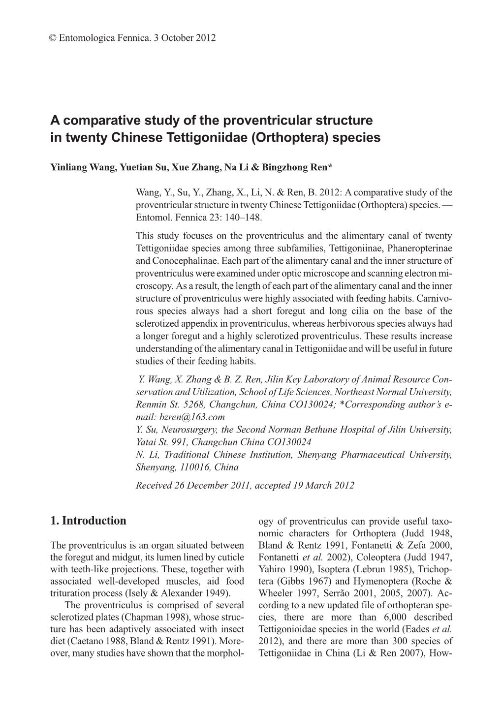 A Comparative Study of the Proventricular Structure in Twenty Chinese Tettigoniidae (Orthoptera) Species