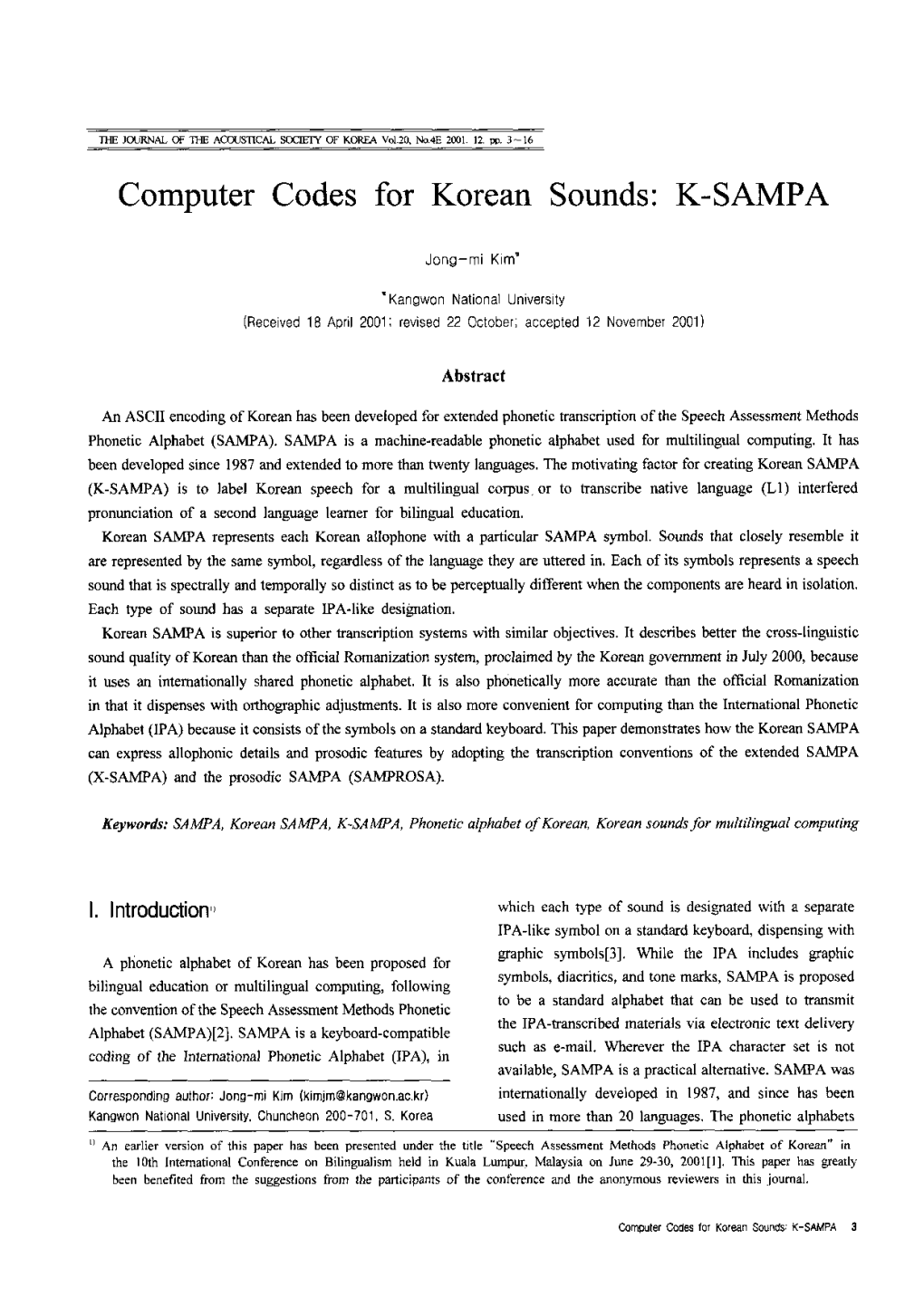 Computer Codes for Korean Sounds: K-SAMPA