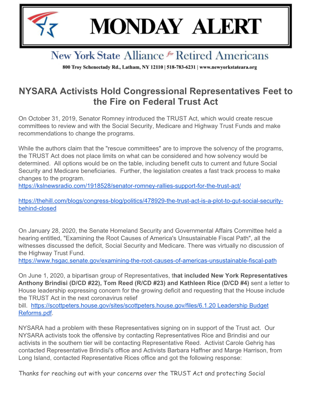 NYSARA Activists Hold Congressional Representatives Feet to the Fire on Federal Trust Act