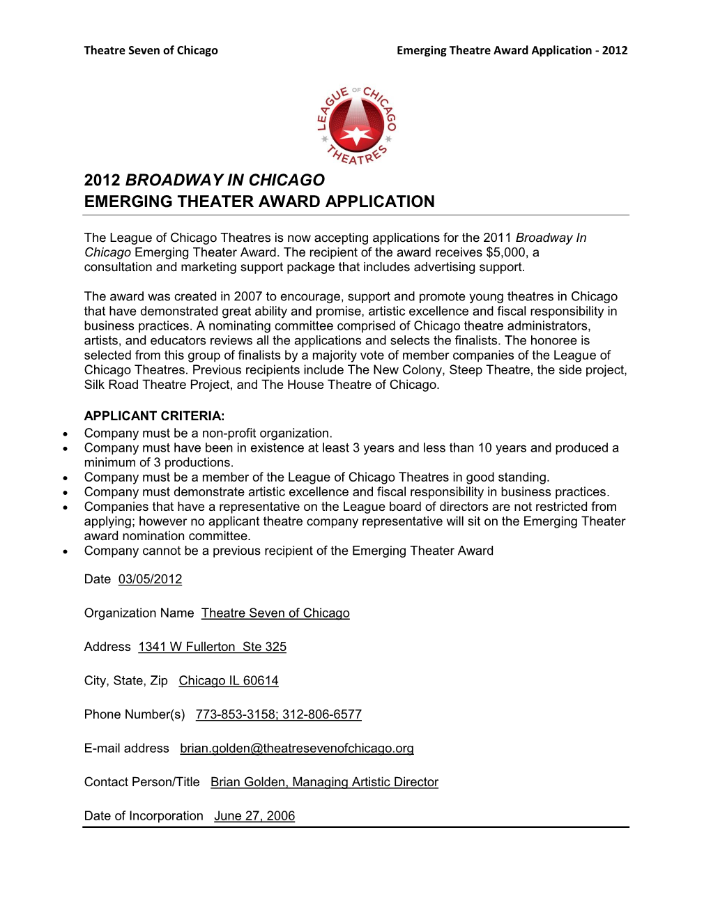 2012 Broadway in Chicago Emerging Theater Award Application