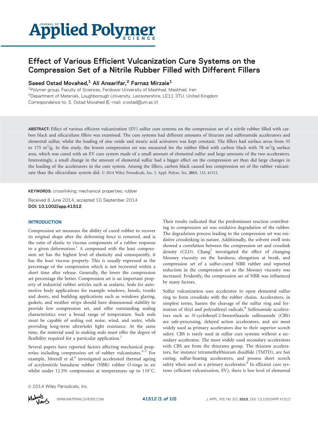 Effect of Various Efficient Vulcanization Cure Systems on the Compression Set of a Nitrile Rubber Filled with Different Fillers