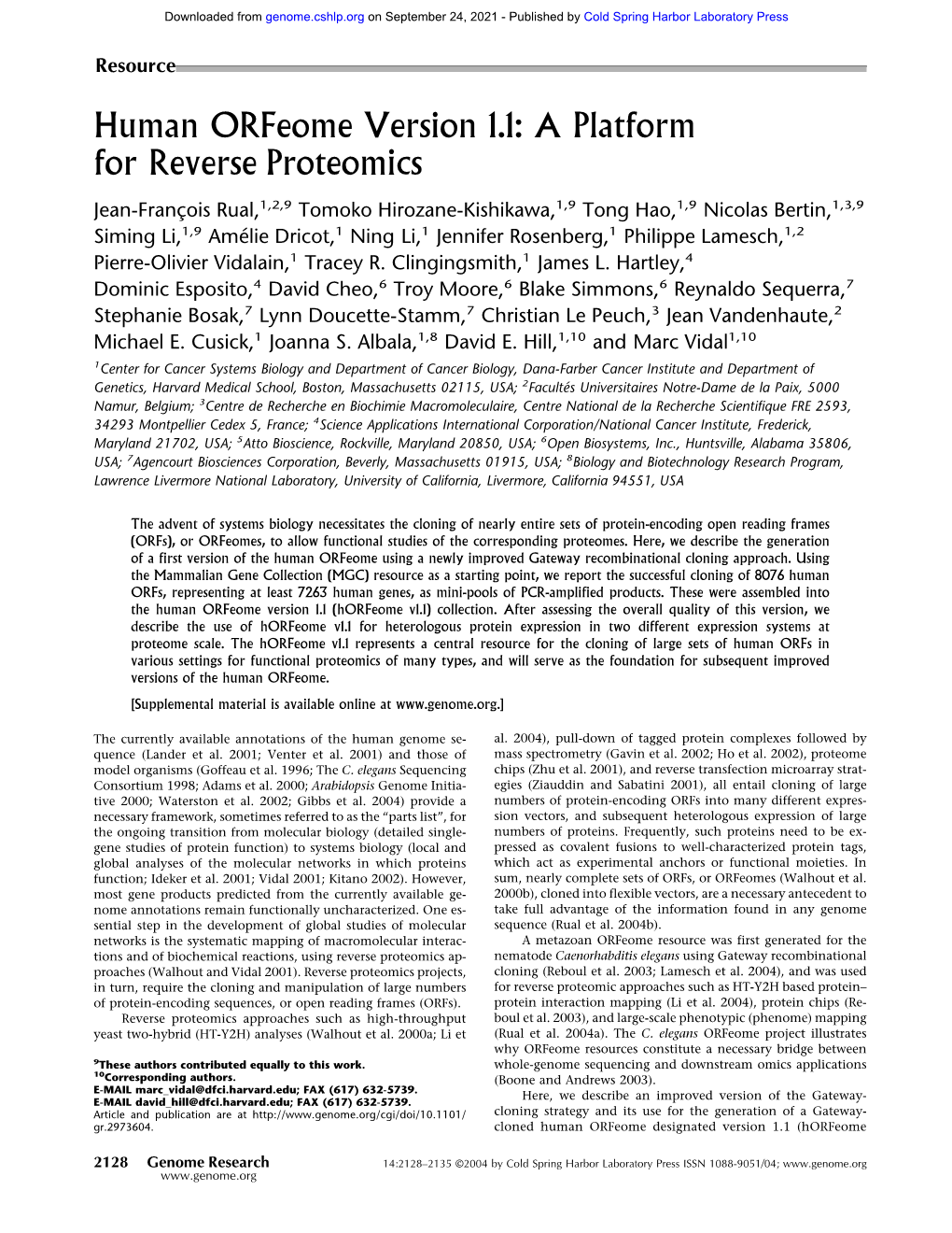 Human Orfeome Version 1.1: a Platform for Reverse Proteomics