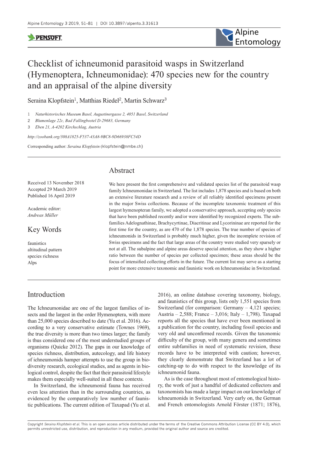 Checklist of Ichneumonid Parasitoid Wasps in Switzerland (Hymenoptera, Ichneumonidae): 470 Species New for the Country and an Appraisal of the Alpine Diversity