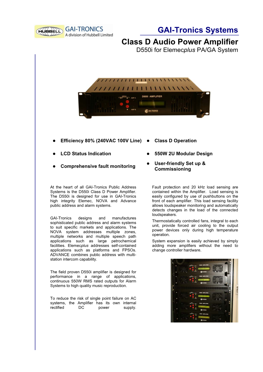 GAI-Tronics Systems Class D Audio Power Amplifier D550i for Elemecplus PA/GA System
