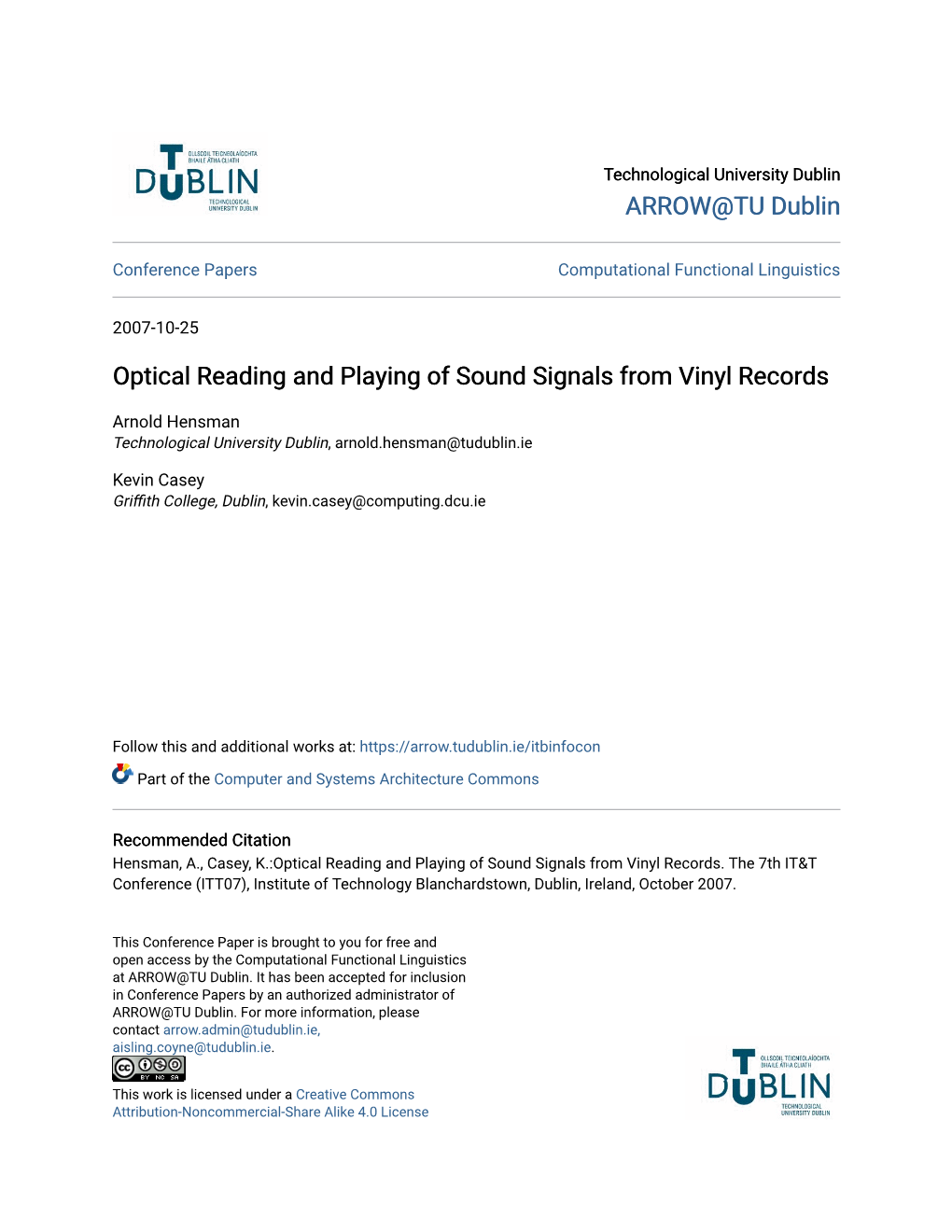 Optical Reading and Playing of Sound Signals from Vinyl Records