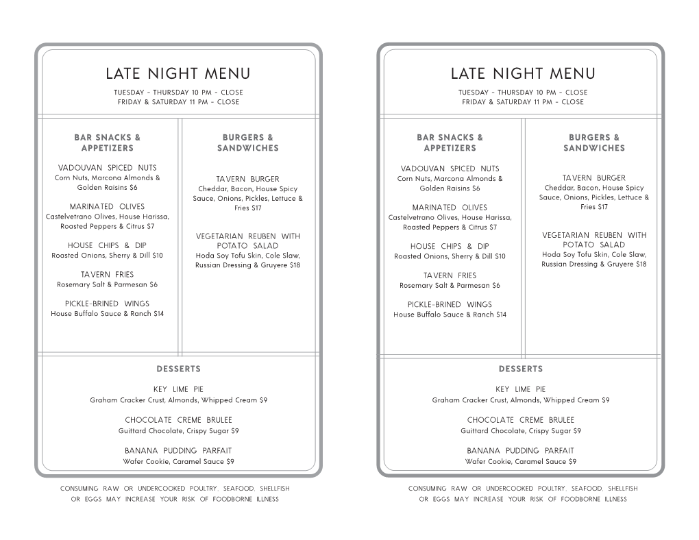 Late Night Menu Late Night Menu