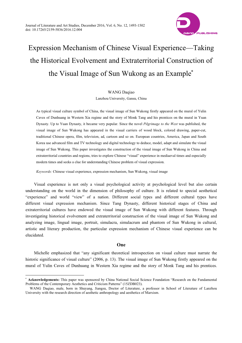 Expression Mechanism of Chinese Visual Experience—Taking the Historical Evolvement and Extraterritorial Construction of the Visual Image of Sun Wukong As an Example