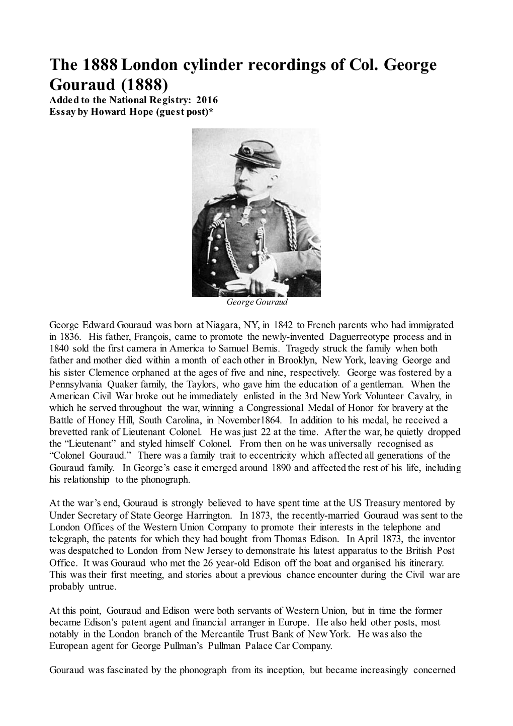 1888 London Cylinder Recordings of Col. George Gouraud (1888) Added to the National Registry: 2016 Essay by Howard Hope (Guest Post)*