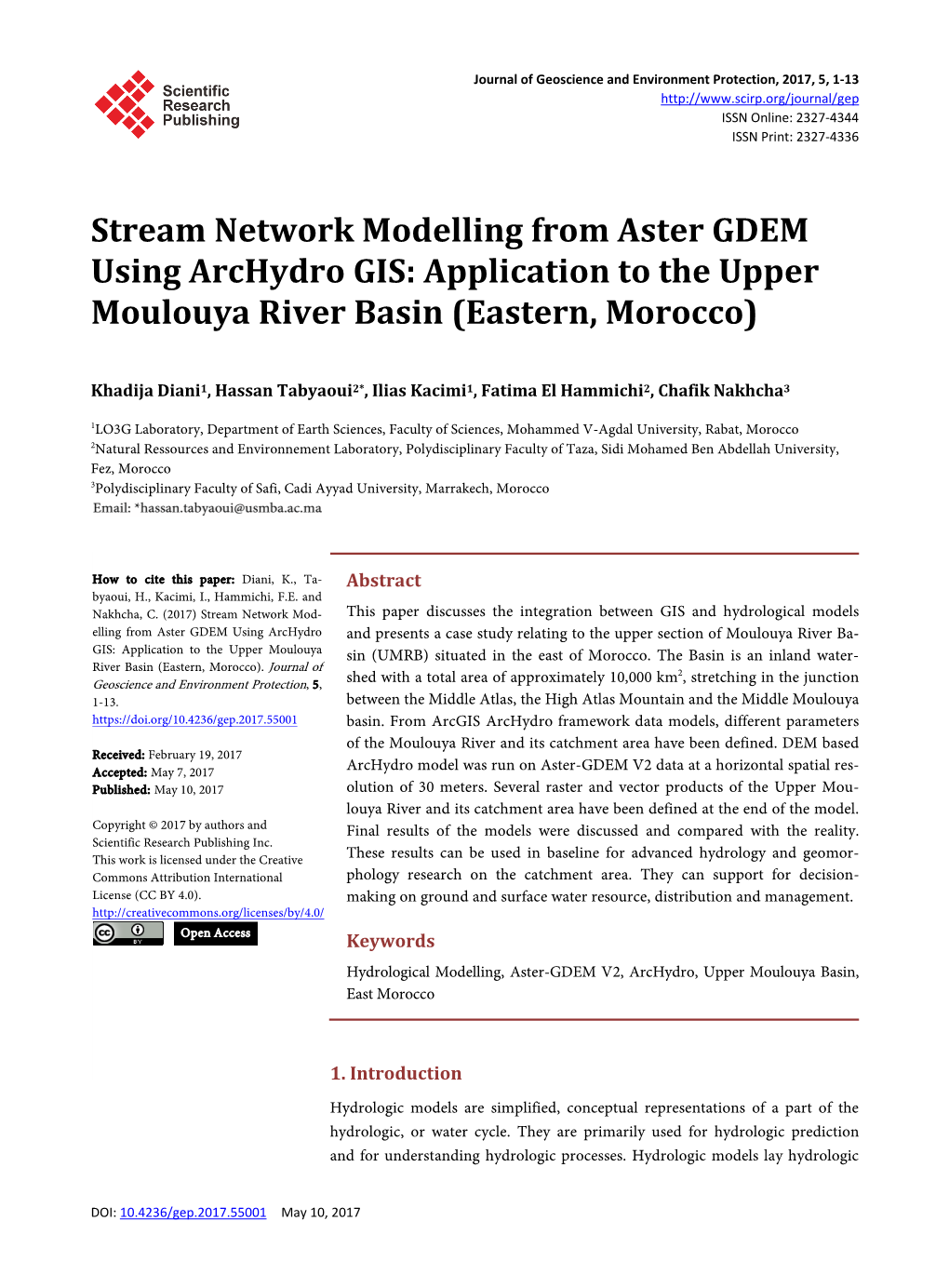 Stream Network Modelling from Aster GDEM Using Archydro GIS: Application to the Upper Moulouya River Basin (Eastern, Morocco)