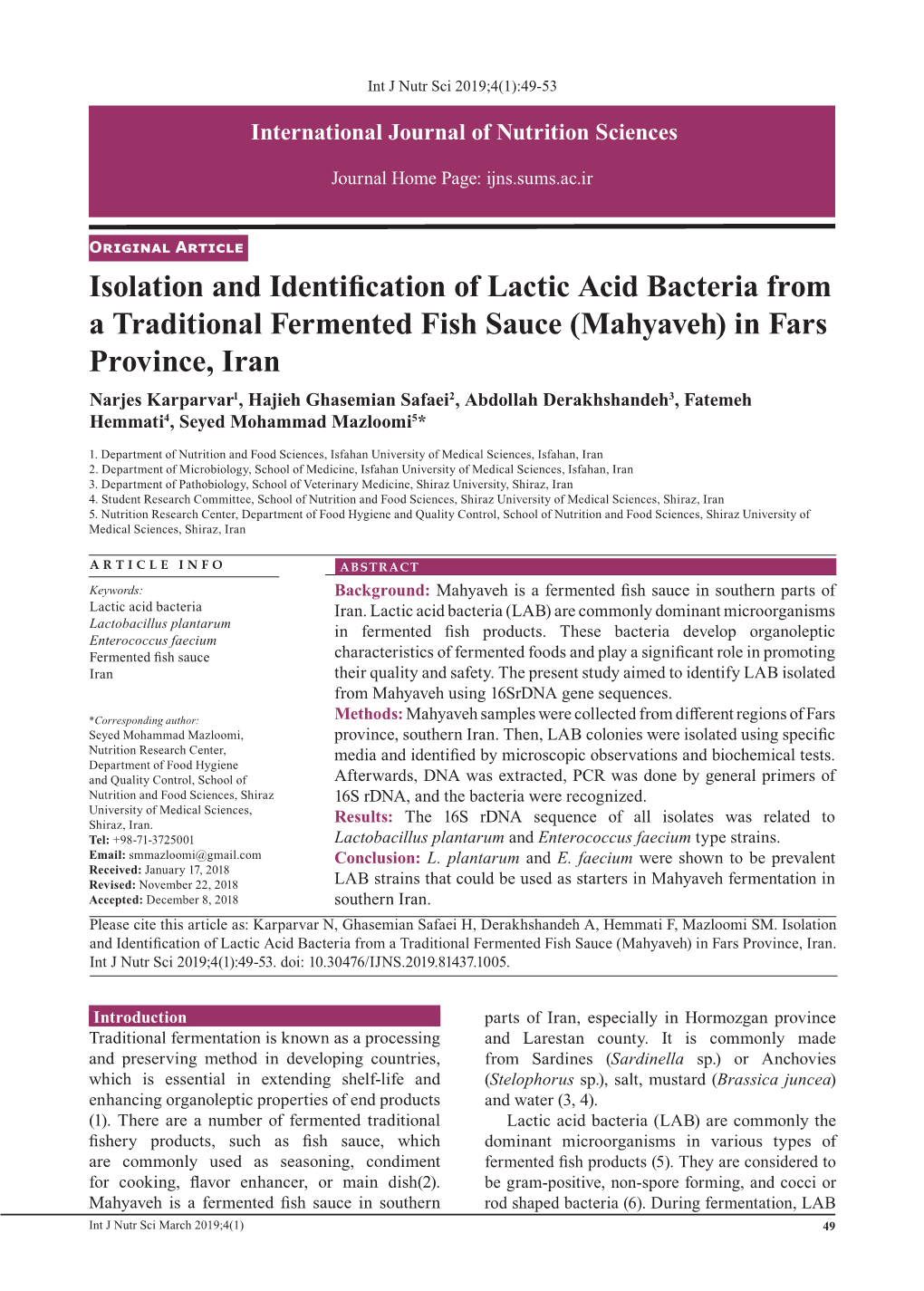 Isolation and Identification of Lactic Acid Bacteria from a Traditional Fermented Fish Sauce (Mahyaveh) in Fars Province, Iran