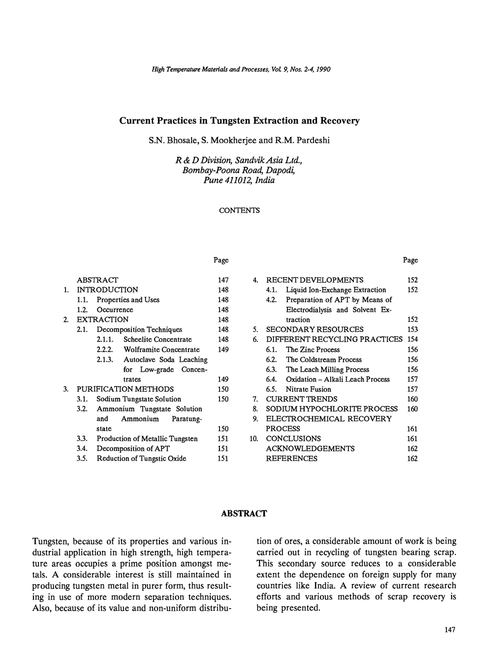 Current Practices in Tungsten Extraction and Recovery