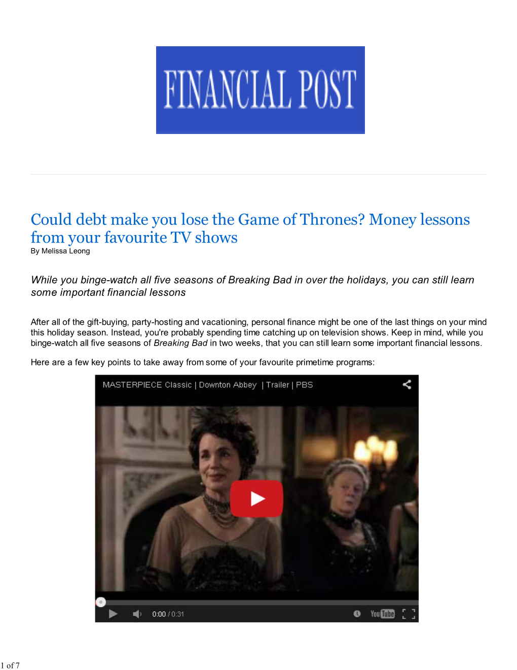 Financial Post: Could Debt Make You Lose the Game of Thrones
