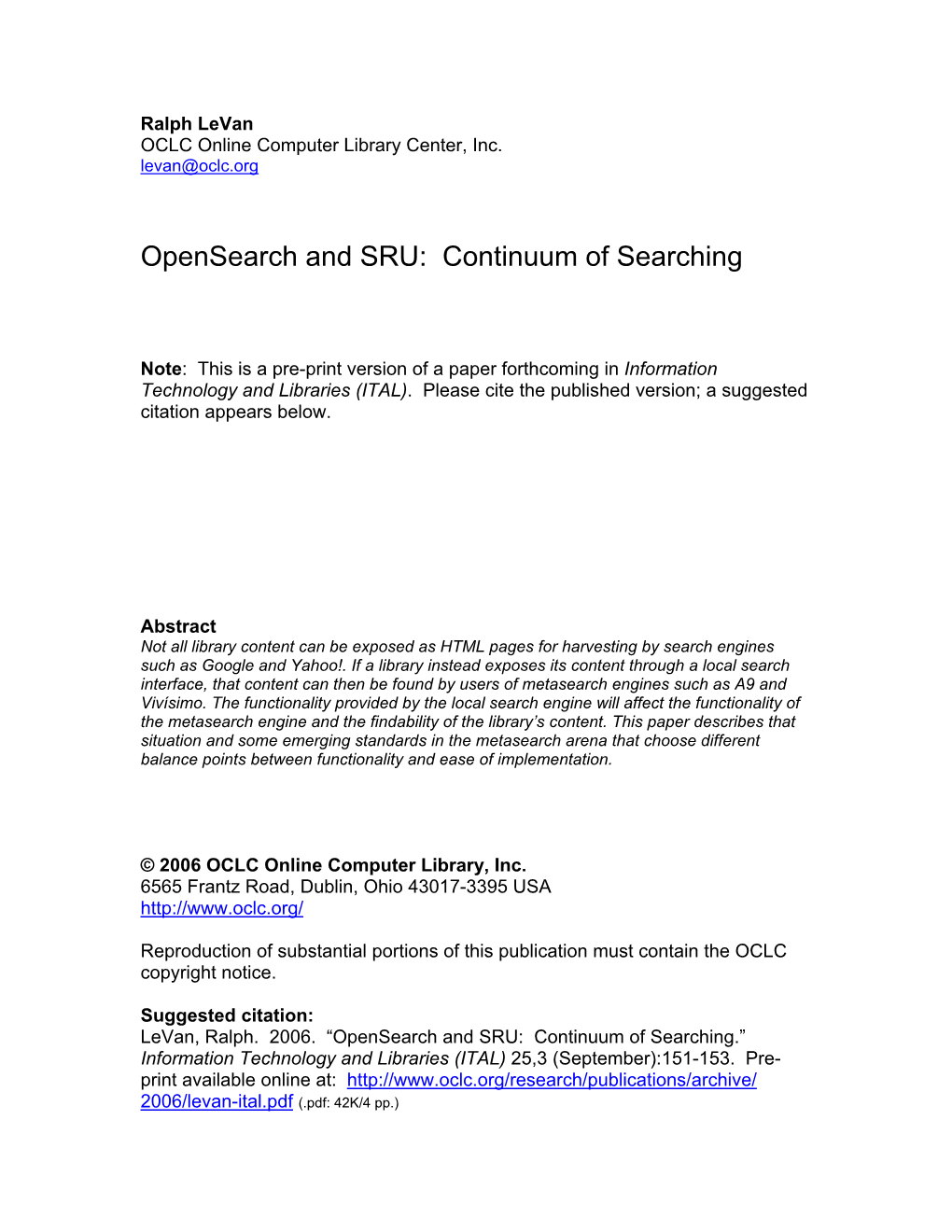 Opensearch and SRU: Continuum of Searching