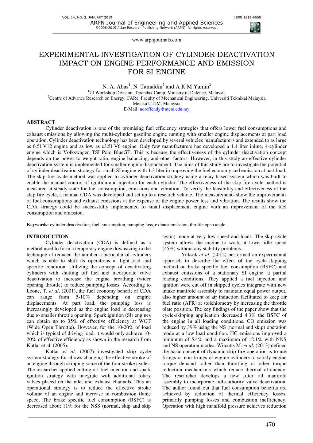 Experimental Investigation of Cylinder Deactivation Impact on Engine Performance and Emission for Si Engine