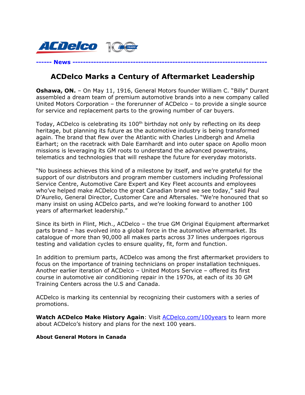 Acdelco Marks a Century of Aftermarket Leadership