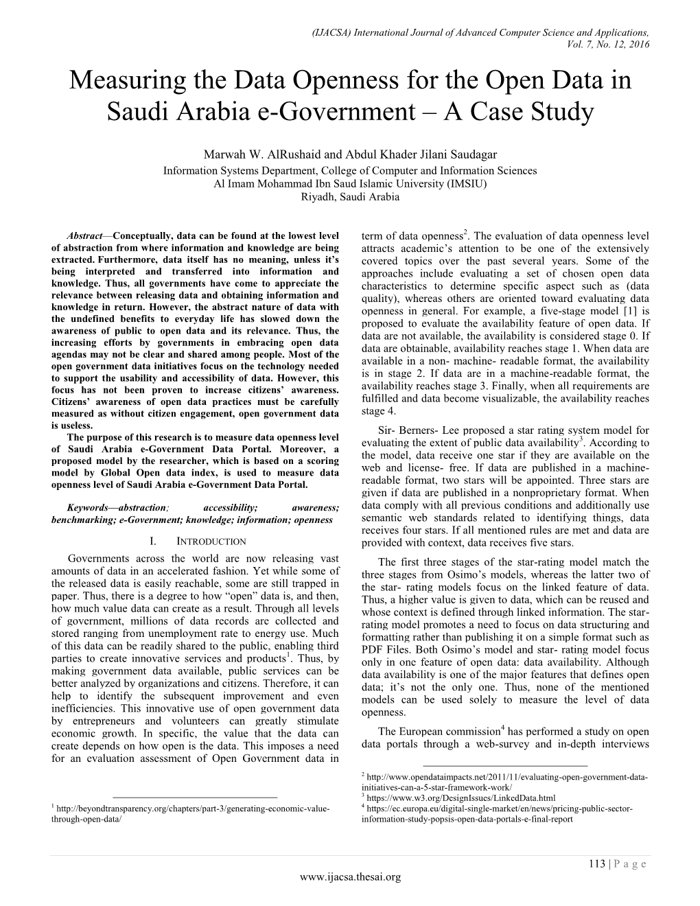 Measuring the Data Openness for the Open Data in Saudi Arabia E-Government – a Case Study