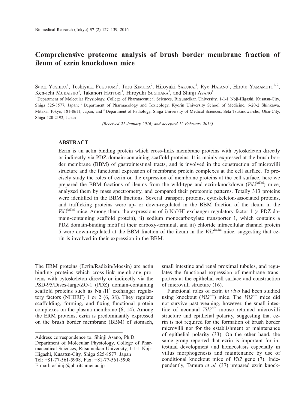 Comprehensive Proteome Analysis of Brush Border Membrane Fraction of Ileum of Ezrin Knockdown Mice