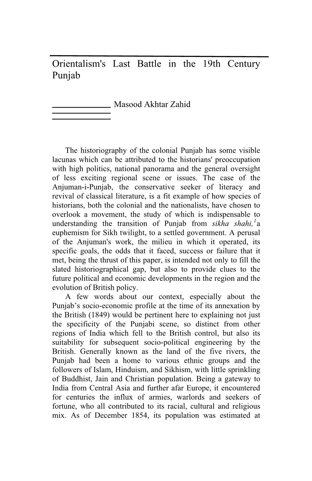 Orientalism's Last Battle in the 19Th Century Punjab