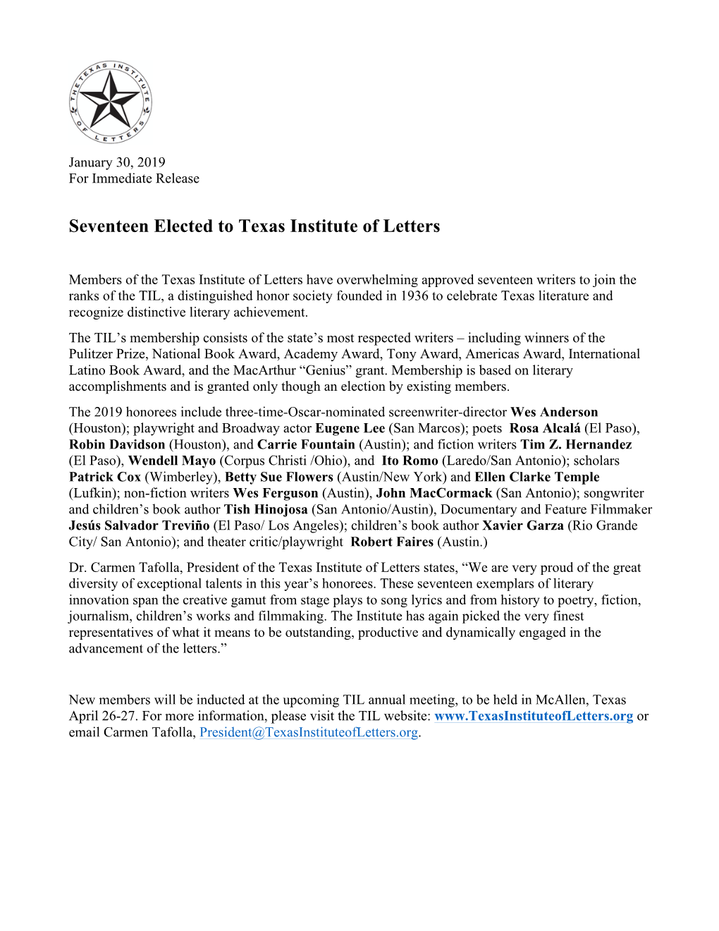 Seventeen Elected to Texas Institute of Letters