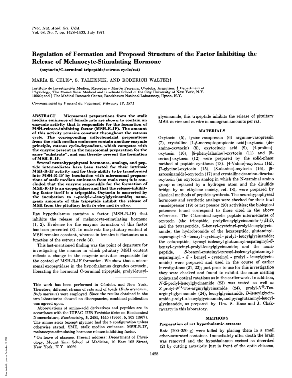 Release of Melanocyte-Stimulating Hormone (Oxytocin/C-Terminal Tripeptide/Estrous Cycle/Rat)