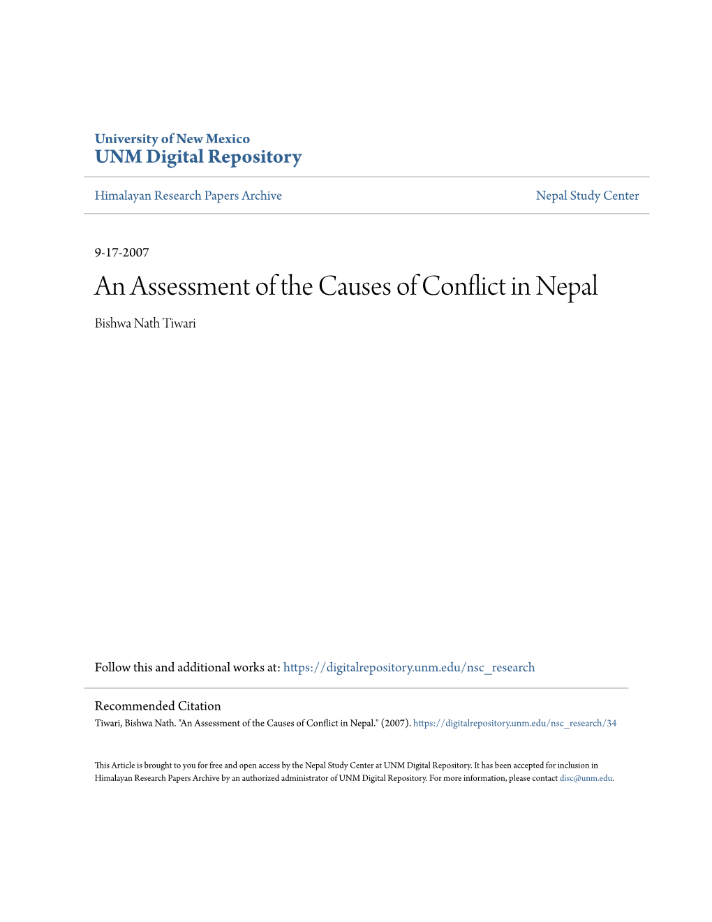 An Assessment of the Causes of Conflict in Nepal Bishwa Nath Tiwari