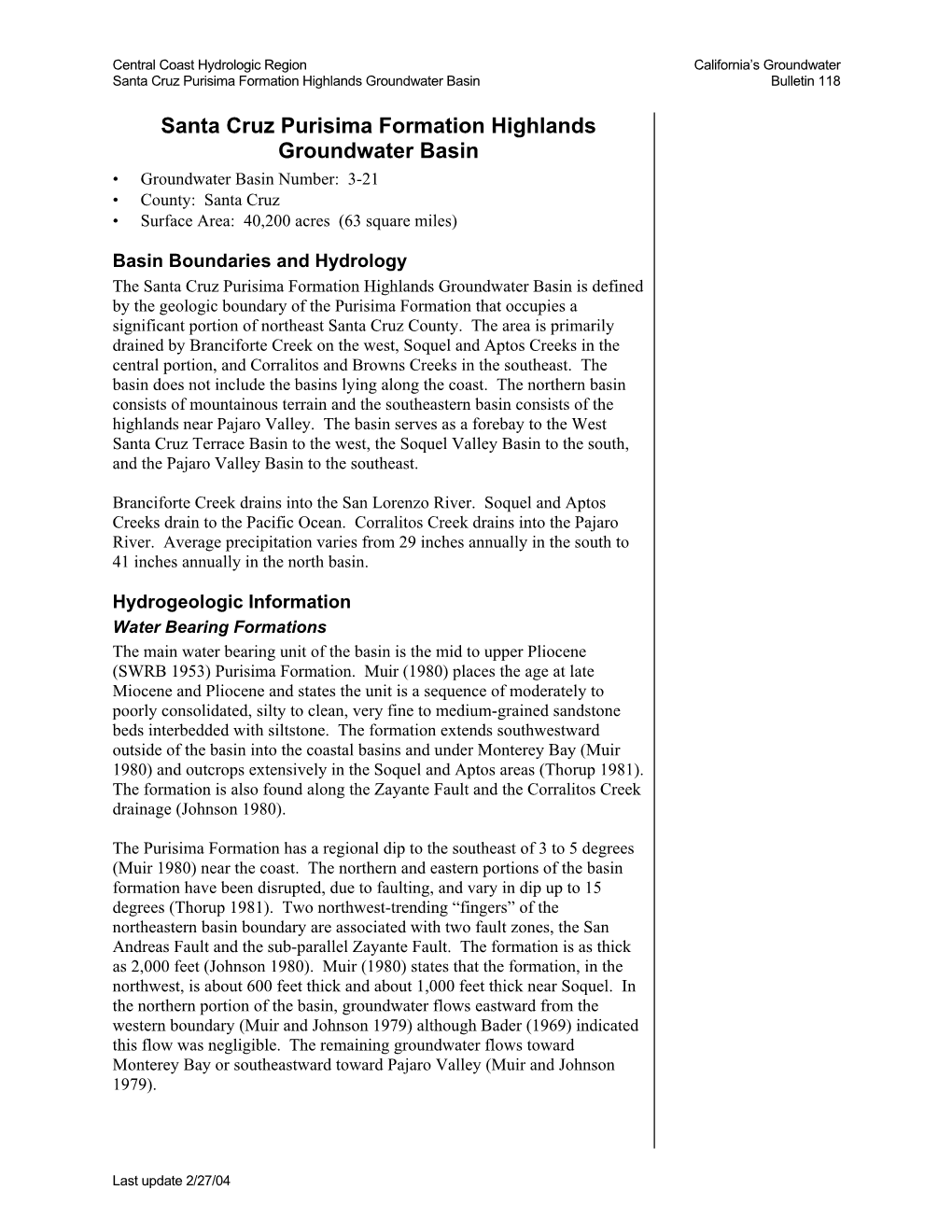 Santa Cruz Purisima Formation Highlands Groundwater Basin Bulletin 118