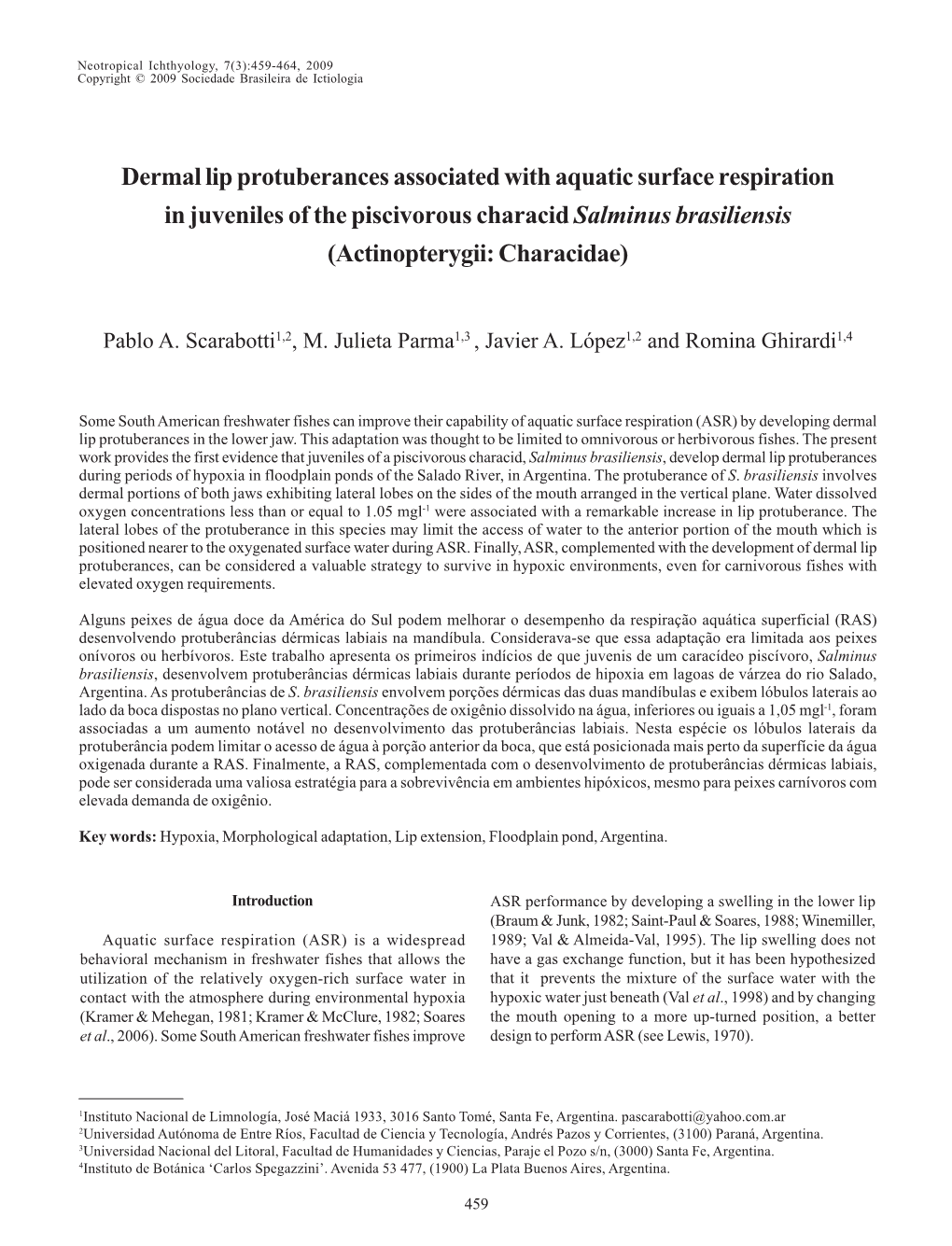 Dermal Lip Protuberances Associated with Aquatic Surface Respiration in Juveniles of the Piscivorous Characid Salminus Brasiliensis (Actinopterygii: Characidae)