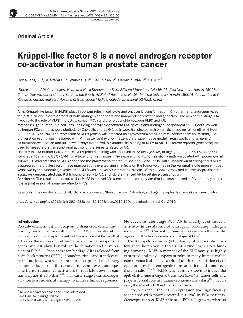 Krüppel-Like Factor 8 Is a Novel Androgen Receptor Co-Activator in Human Prostate Cancer