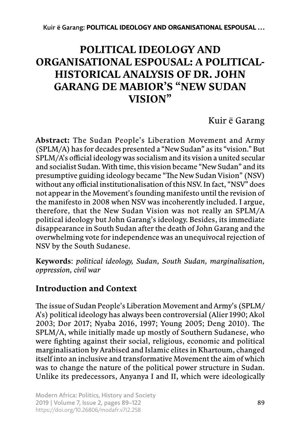 Historical Analysis of Dr. John Garang De Mabior's