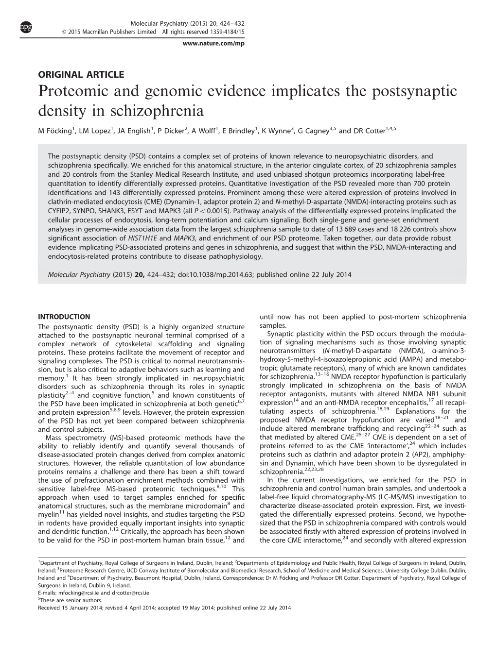 Proteomic and Genomic Evidence Implicates the Postsynaptic Density in Schizophrenia