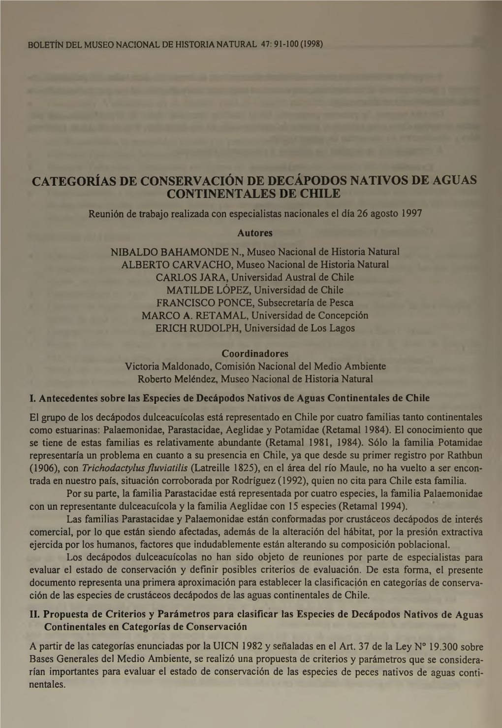 Categorías De Conservación De Decápodos Nativos De Aguas Continentales De Chile