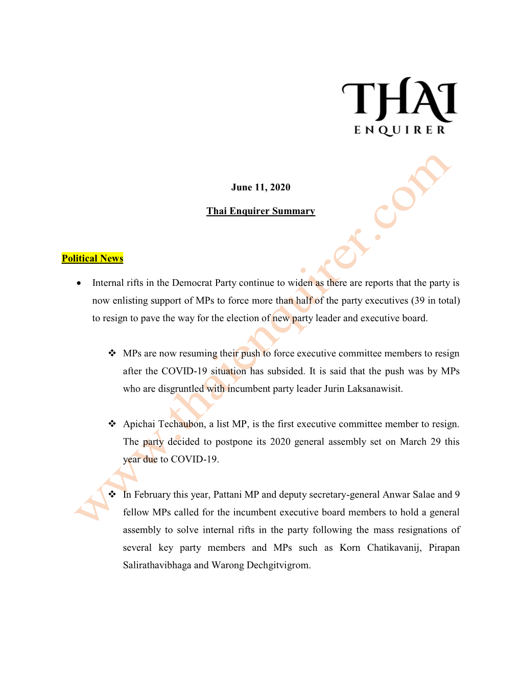 June 11, 2020 Thai Enquirer Summary Political News • Internal