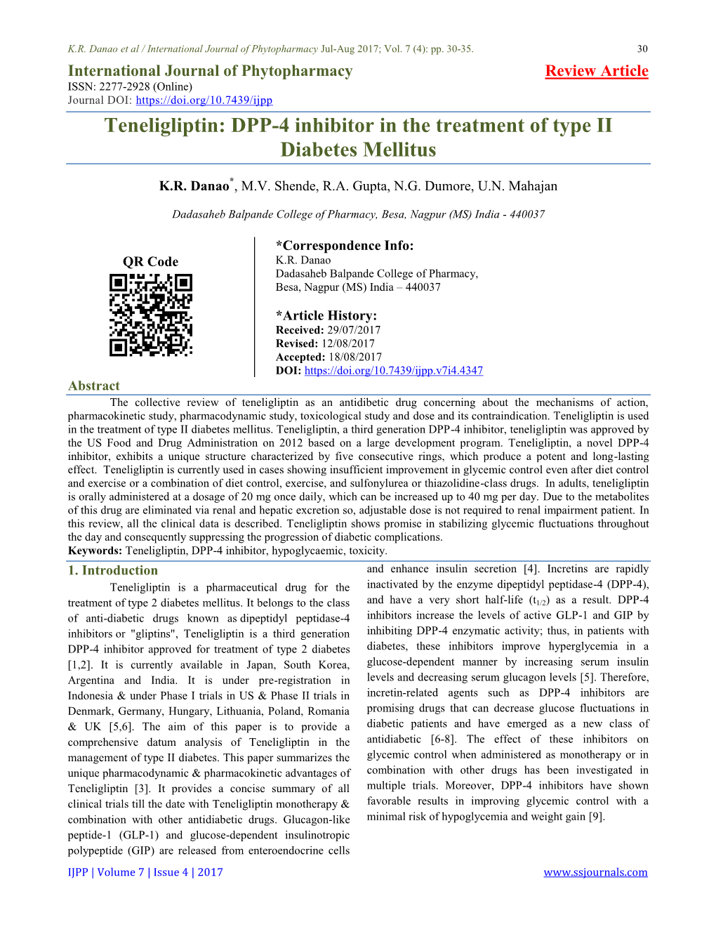 Teneligliptin: DPP-4 Inhibitor in the Treatment of Type II Diabetes Mellitus