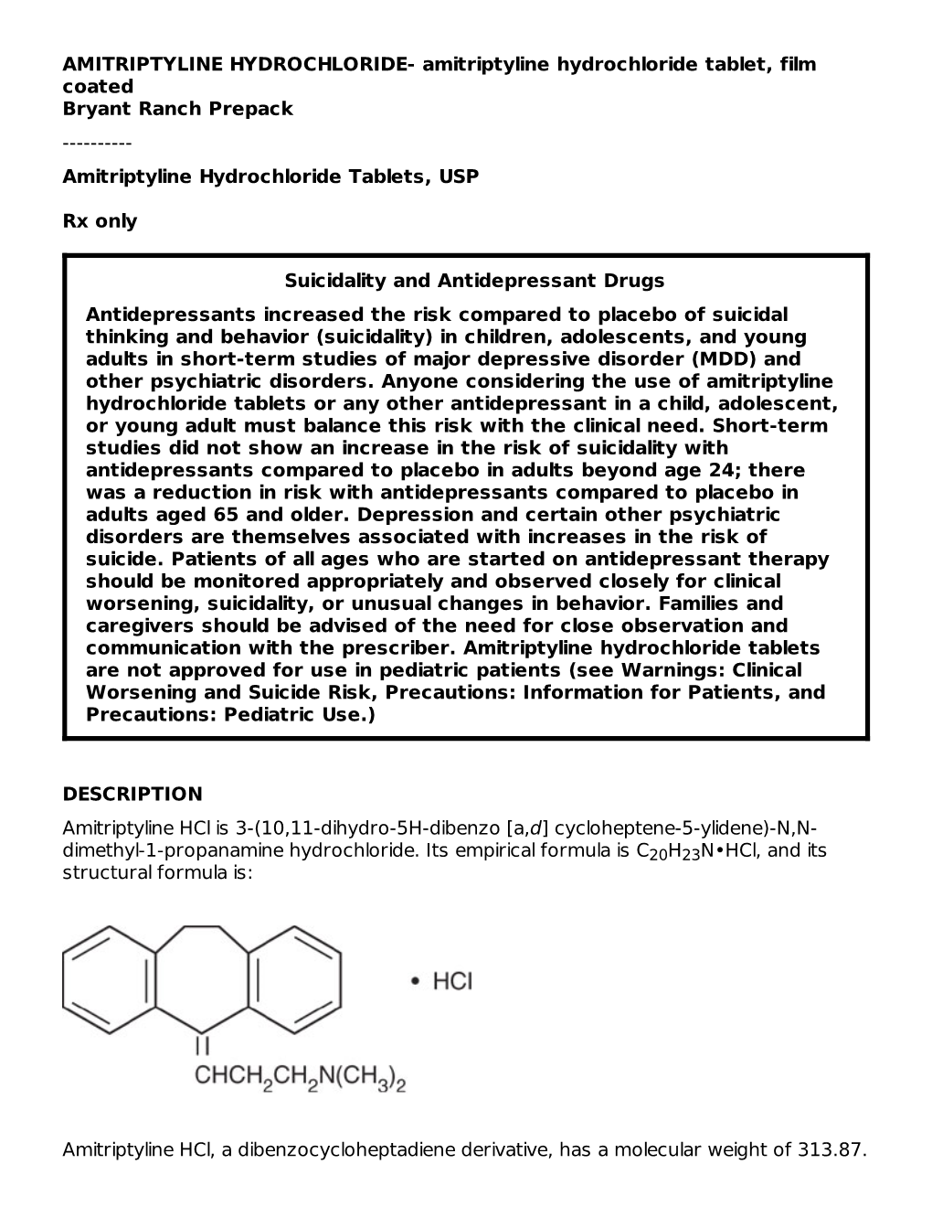 Amitriptyline Hydrochloride Tablets, Usprx Only