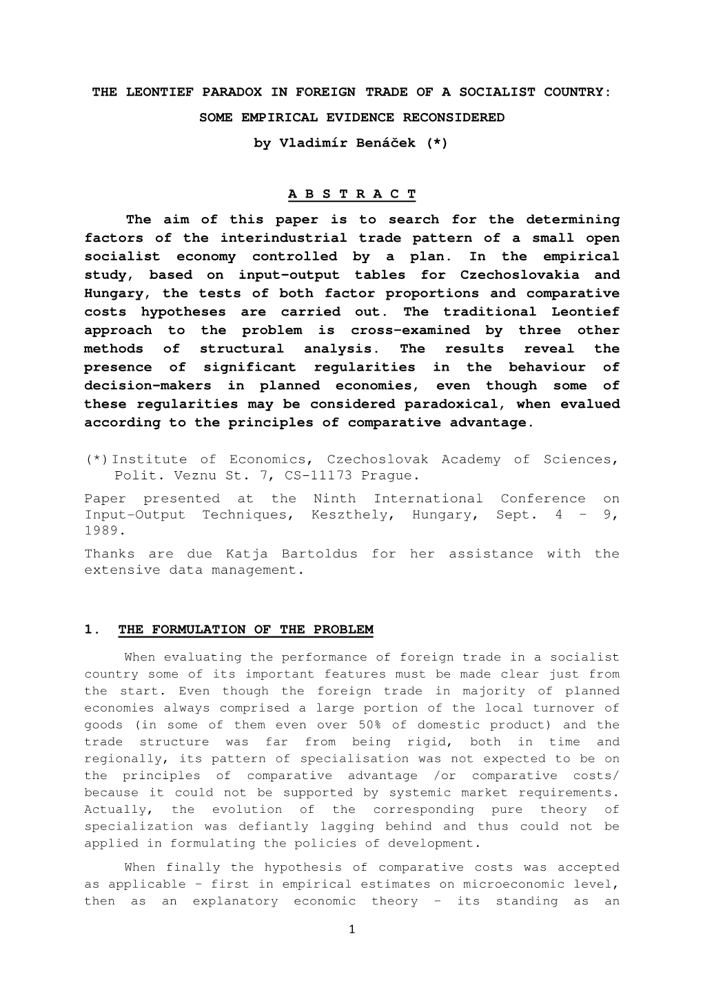 THE LEONTIEF PARADOX in FOREIGN TRADE of a SOCIALIST COUNTRY: SOME EMPIRICAL EVIDENCE RECONSIDERED by Vladimír Bená Ček (*)