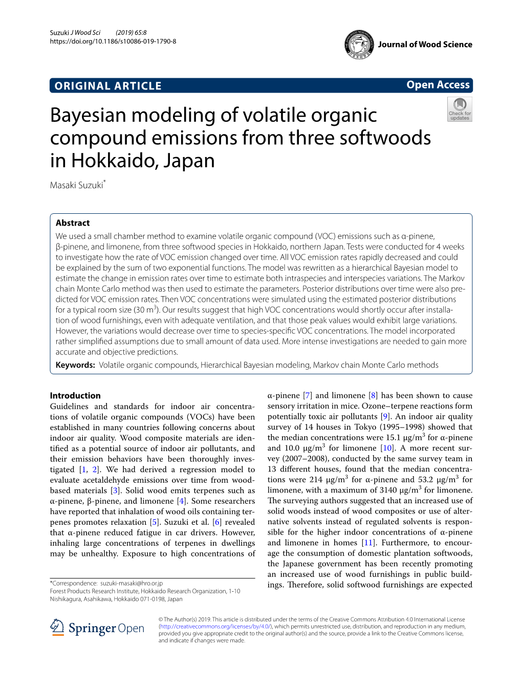 Bayesian Modeling of Volatile Organic Compound Emissions from Three Softwoods in Hokkaido, Japan Masaki Suzuki*