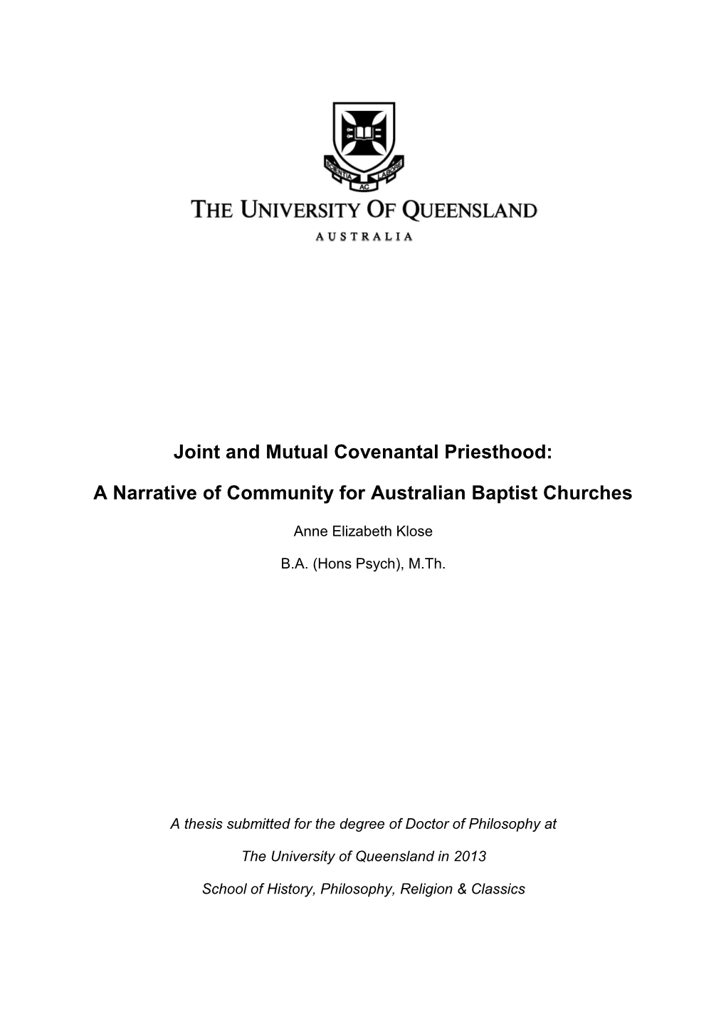 Joint and Mutual Covenantal Priesthood: a Narrative Of