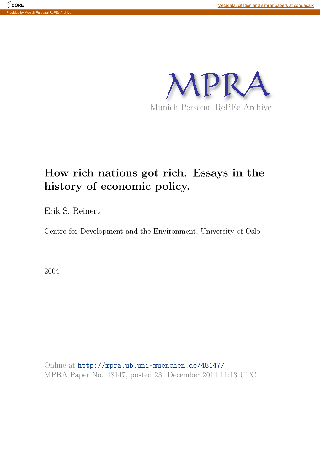 How Rich Nations Got Rich. Essays in the History of Economic Policy