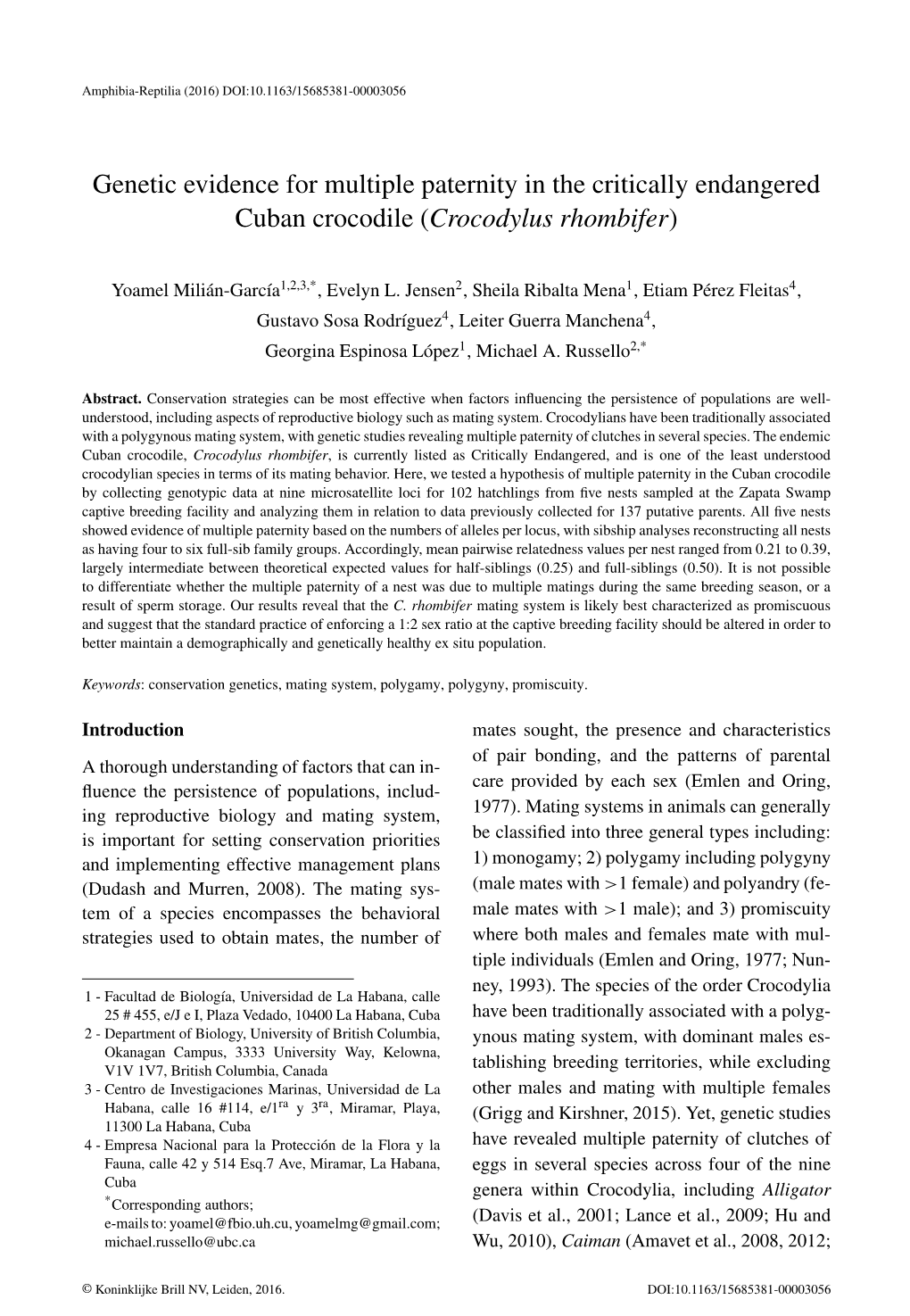 Genetic Evidence for Multiple Paternity in the Critically Endangered Cuban Crocodile (Crocodylus Rhombifer)
