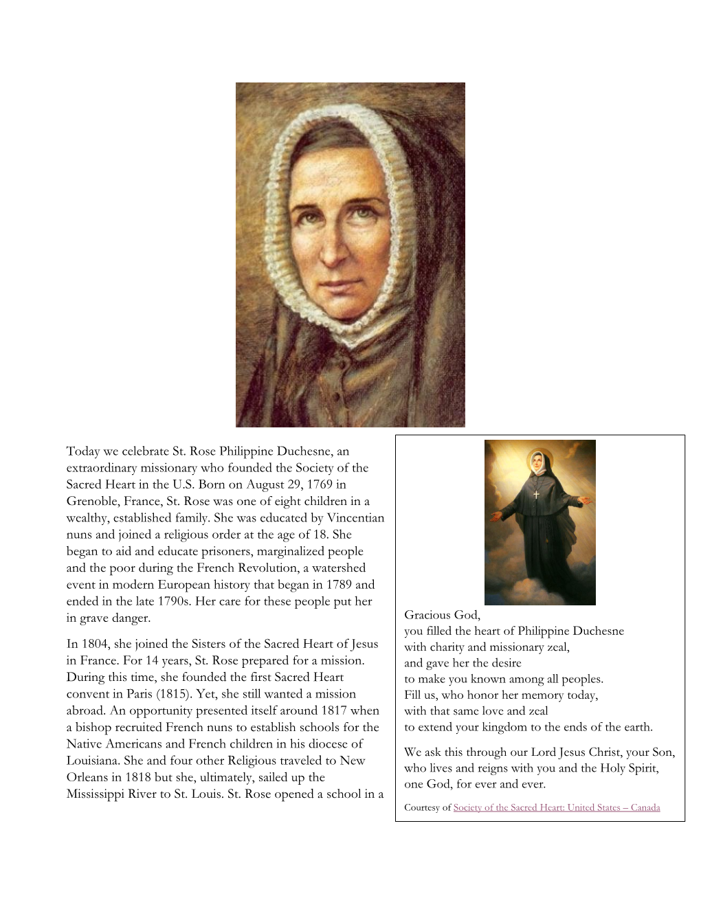 Today We Celebrate St. Rose Philippine Duchesne, an Extraordinary Missionary Who Founded the Society of the Sacred Heart in the U.S