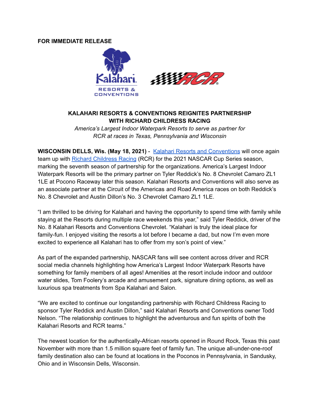 Kalahari Resorts & Conventions Reignites Partnership with Richard Childress Racing May 18, 2021