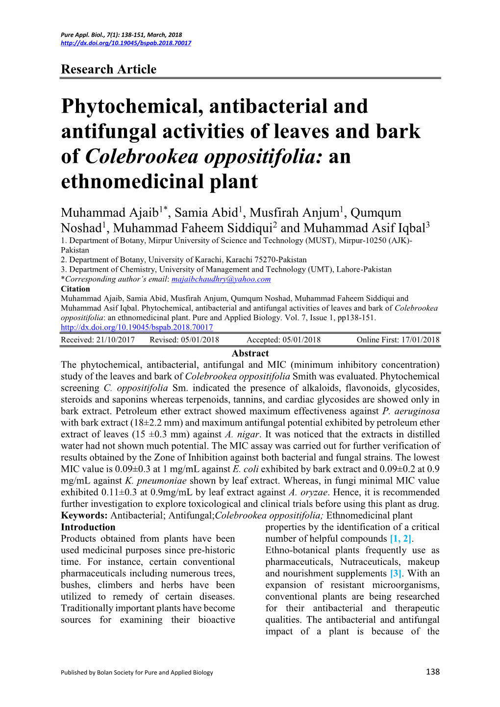Phytochemical, Antibacterial and Antifungal Activities of Leaves and Bark of Colebrookea Oppositifolia: an Ethnomedicinal Plant