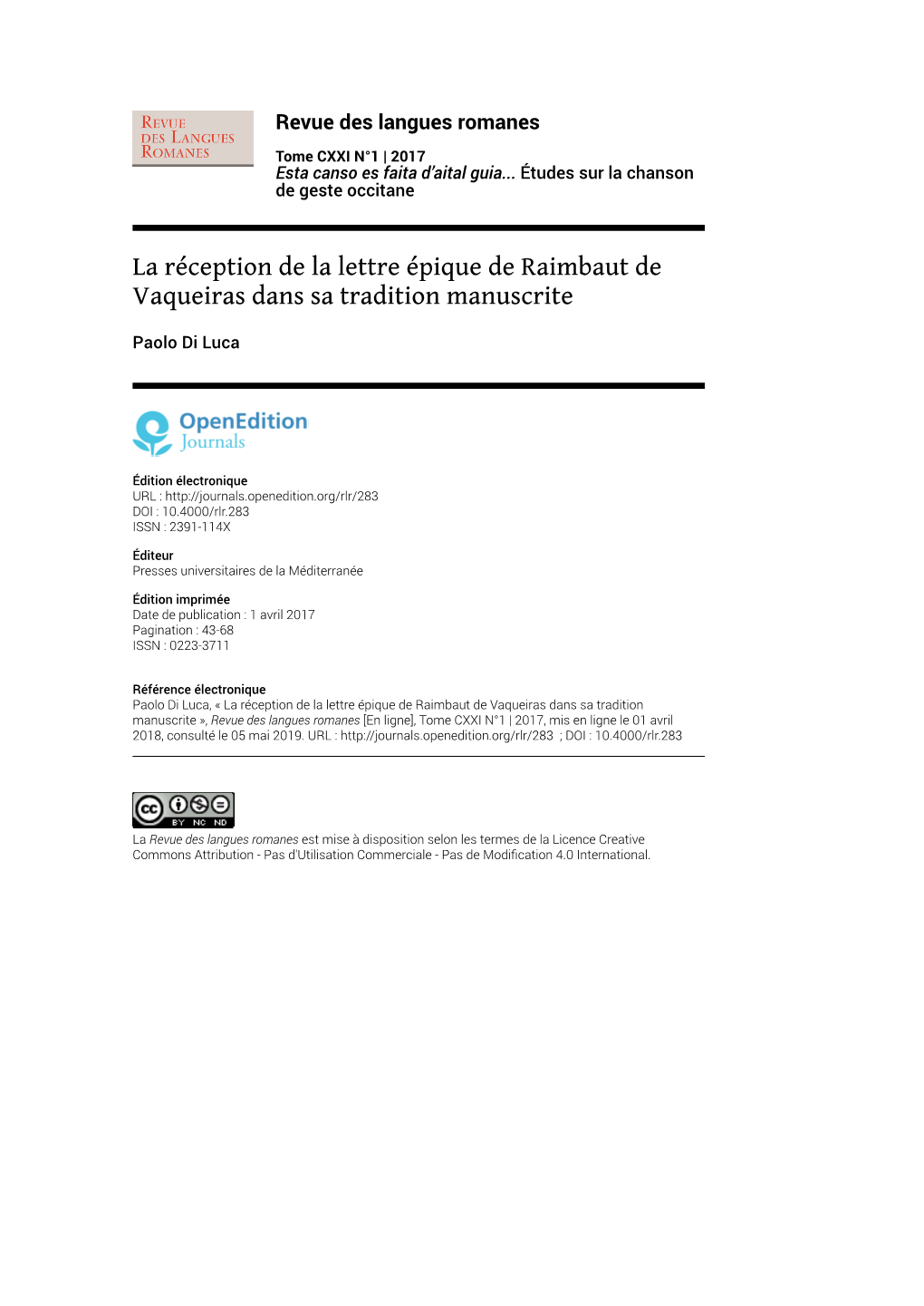 La Réception De La Lettre Épique De Raimbaut De Vaqueiras Dans Sa Tradition Manuscrite