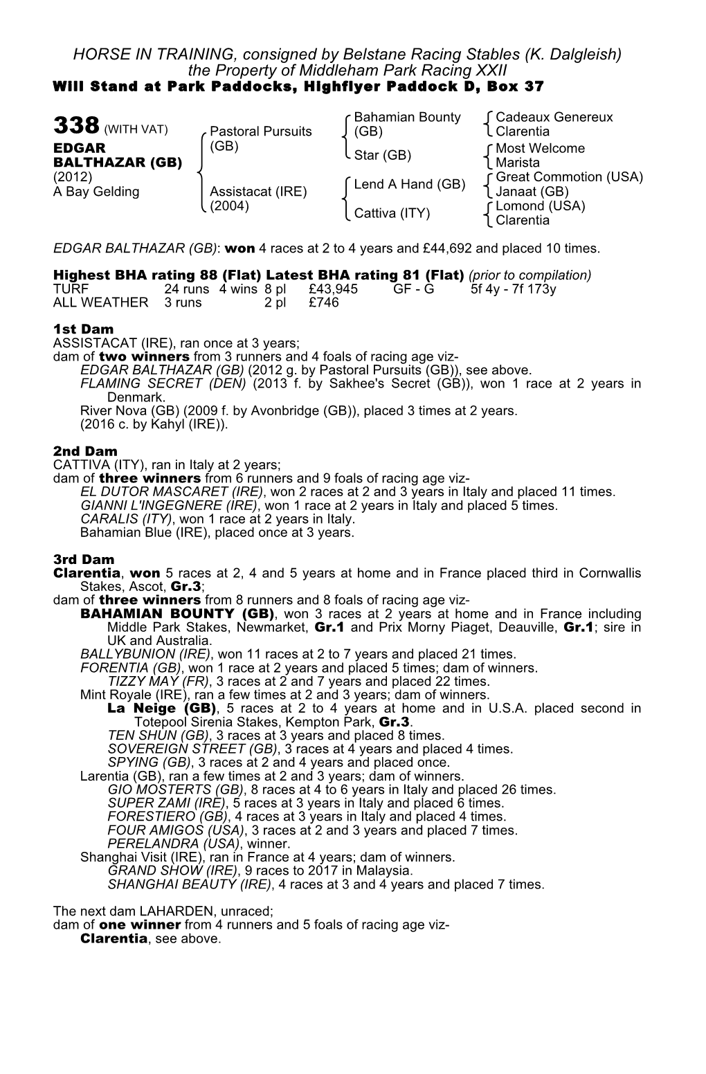 K. Dalgleish) the Property of Middleham Park Racing XXII Will Stand at Park Paddocks, Highflyer Paddock D, Box 37