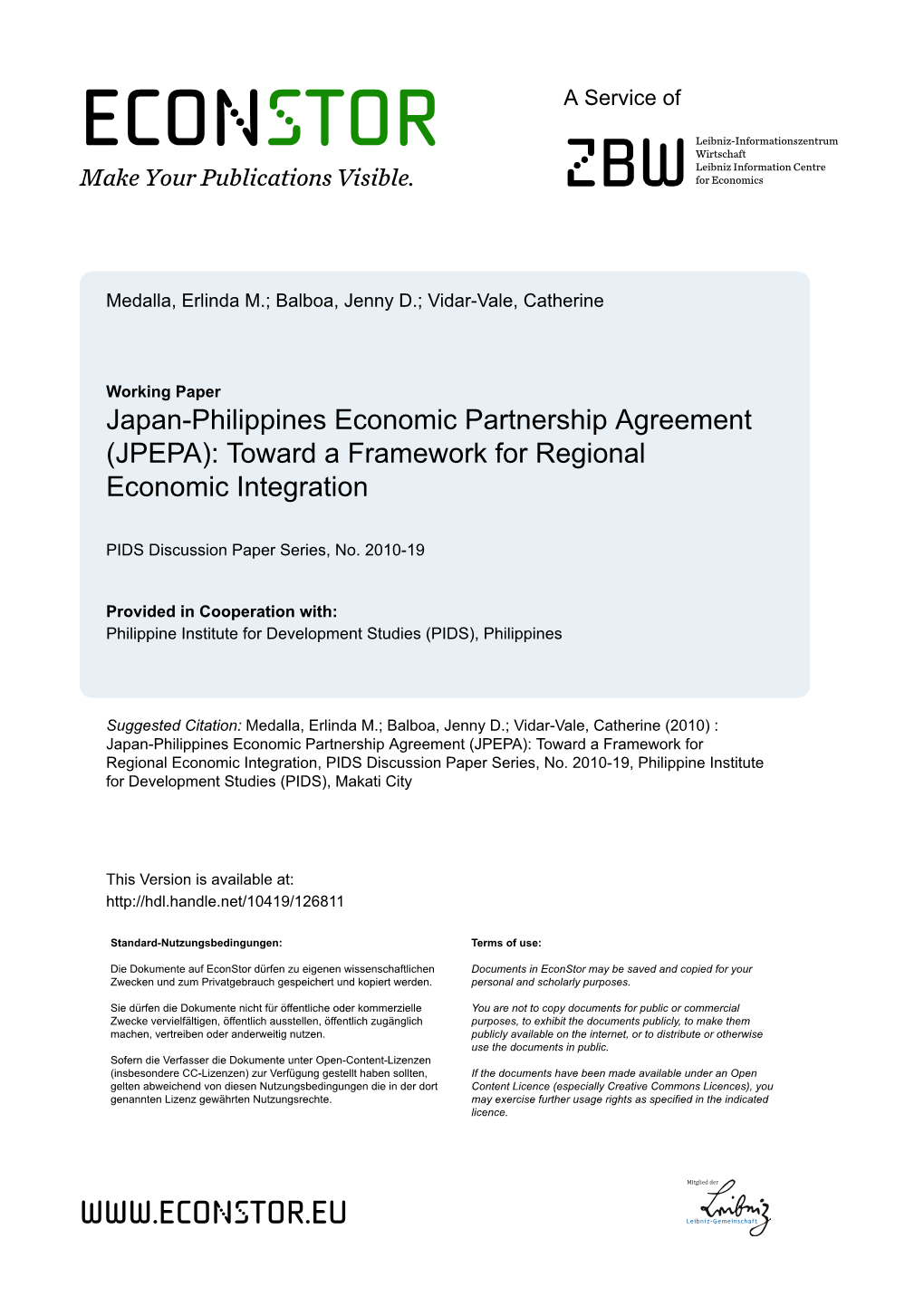 Japan-Philippines Economic Partnership Agreement (JPEPA): Toward a Framework for Regional Economic Integration