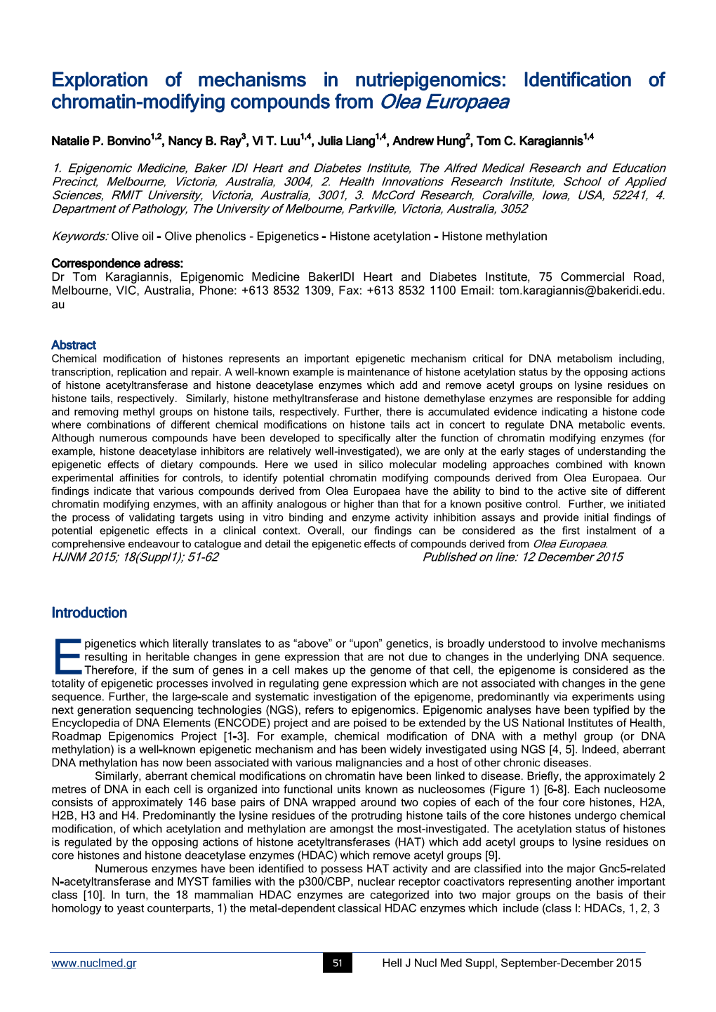 Exploration of Mechanisms in Nutriepigenomics: Identification of Chromatin-Modifying Compounds from Olea Europaea