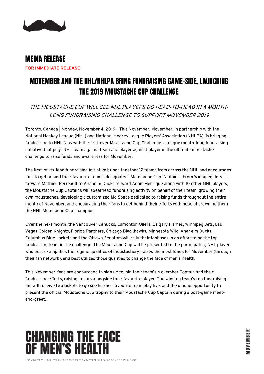 Media Release Movember and the Nhl/Nhlpa Bring