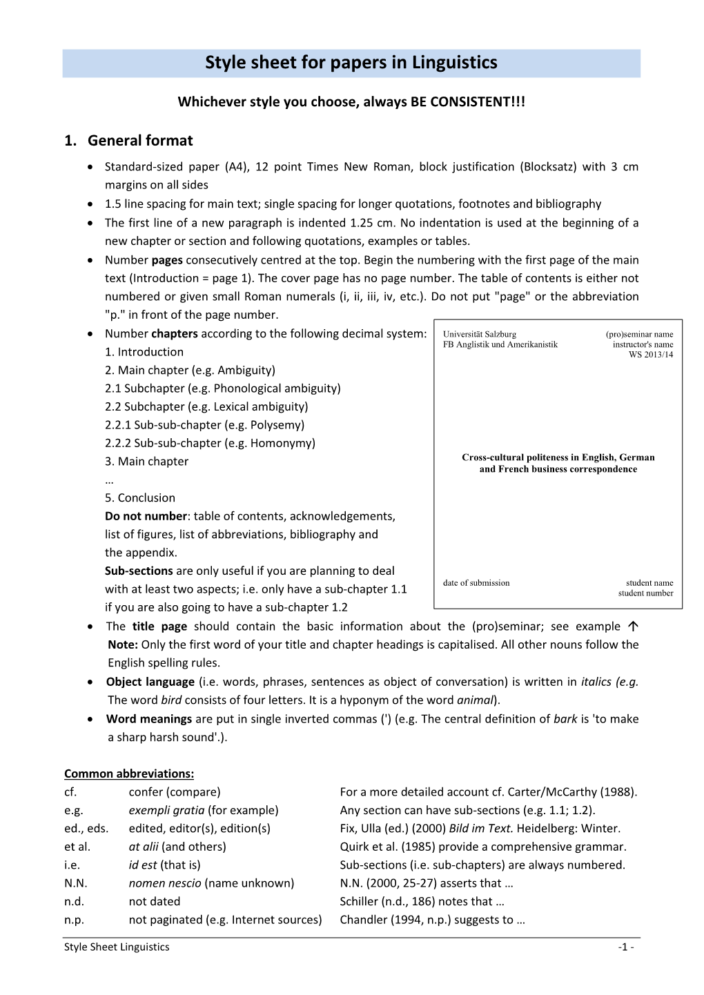 Style Sheet for Papers in Linguistics